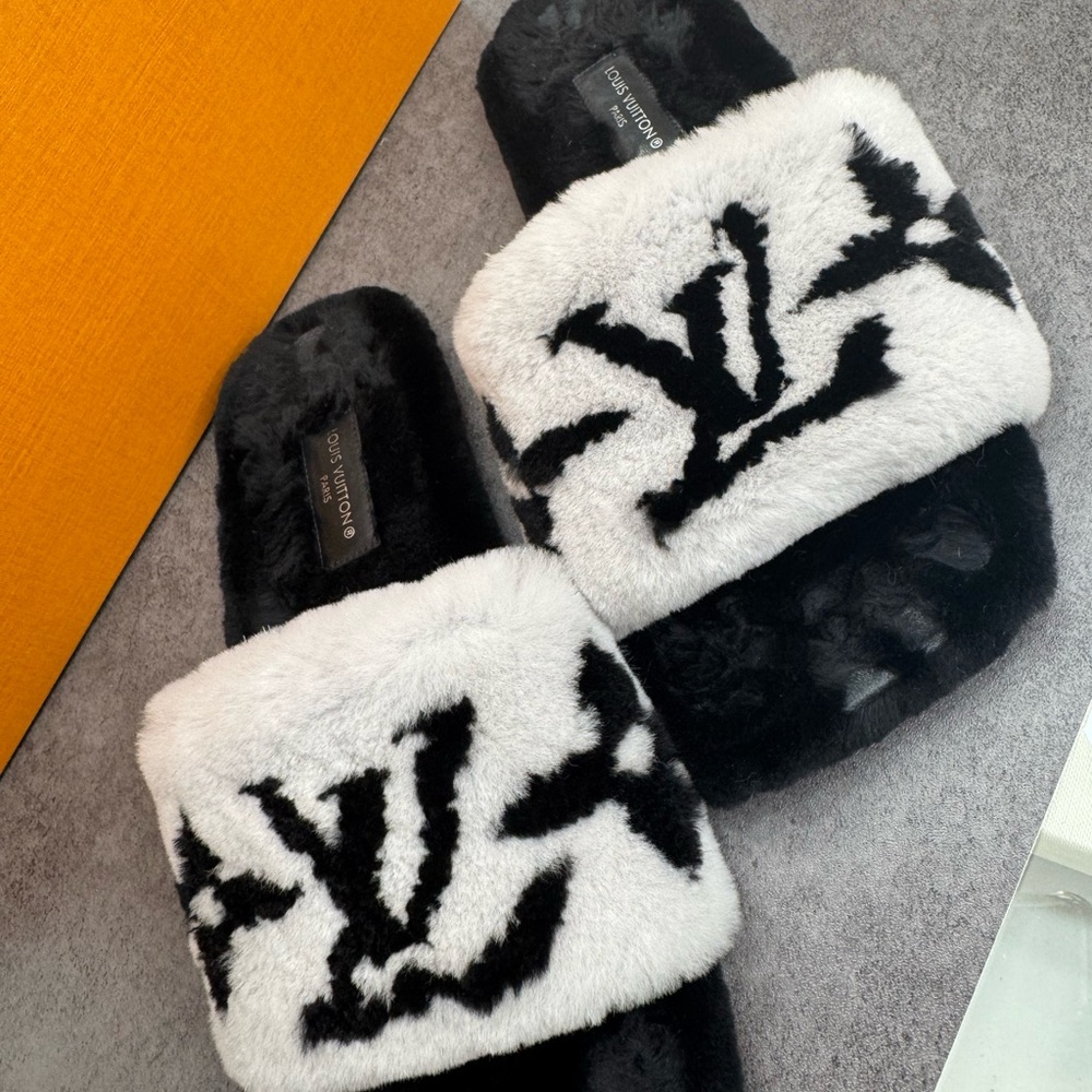 Louis Vuitton Black and White Fur Slides